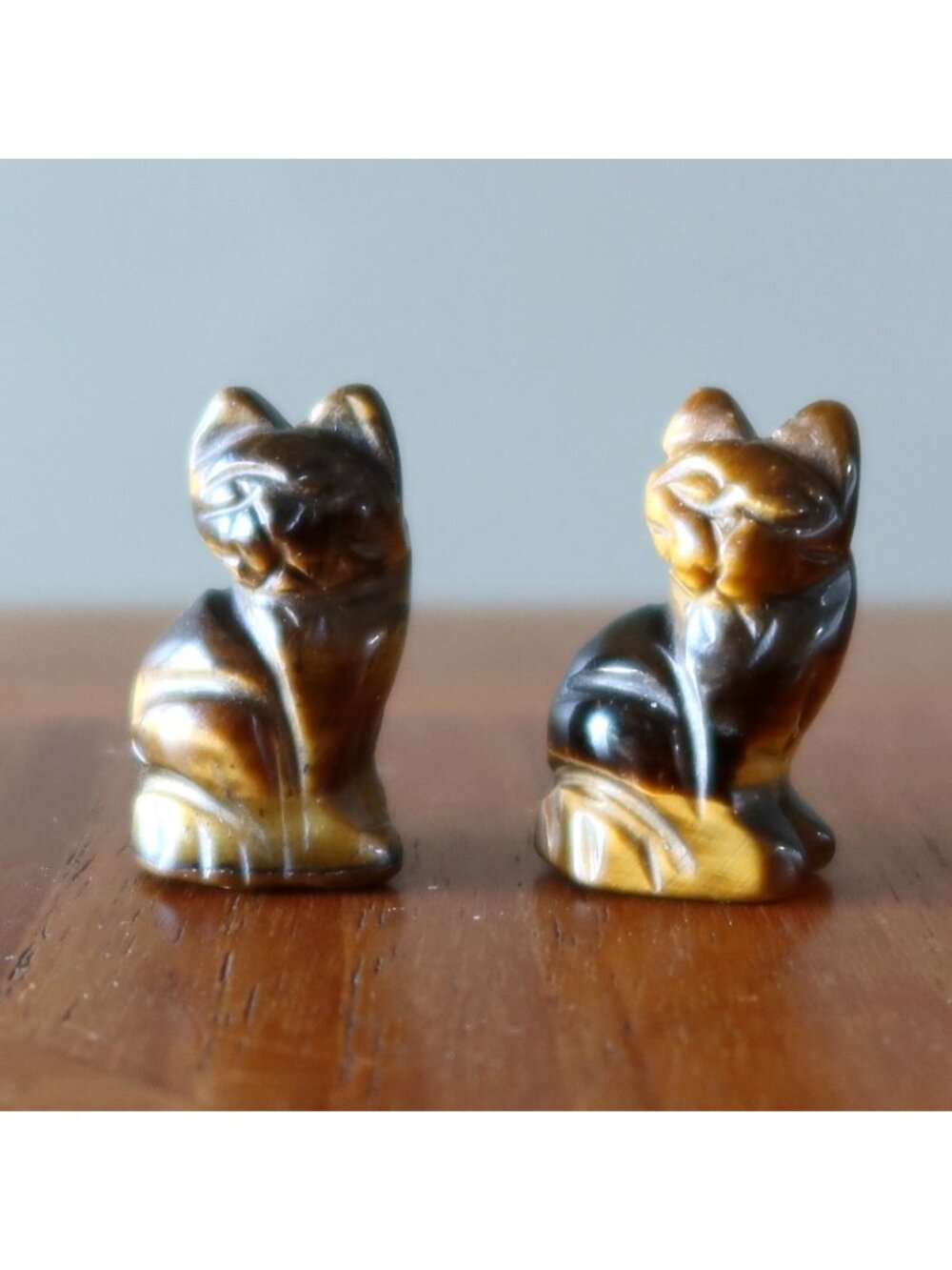 Tigers Eye Cat Pair 1" Miniature Animal Golden Brown Kitty Carving Set